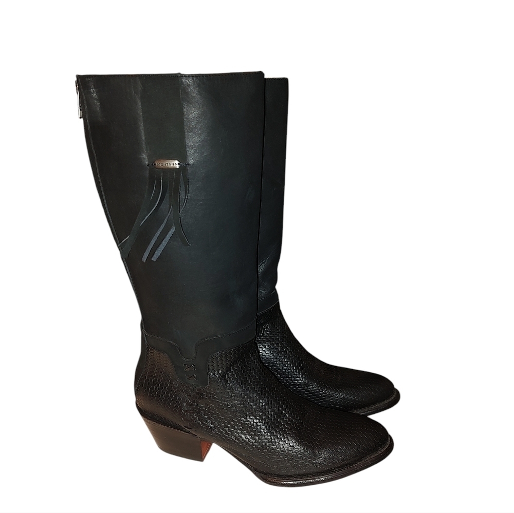 Vintage Montana Black Leather Western Boots With Fringe Detail